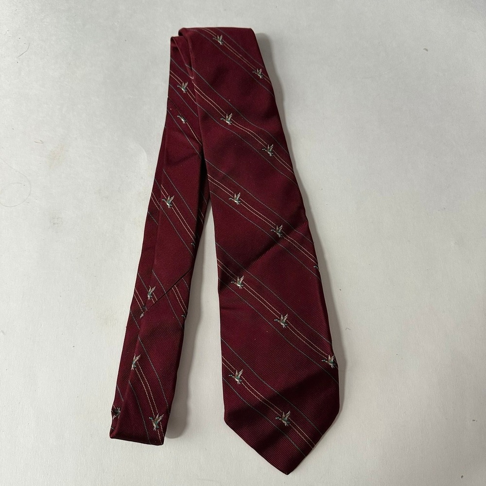 Bachrach Mens Silk Tie Burgundy Mallard Duck Flying Bird Striped Hand Made